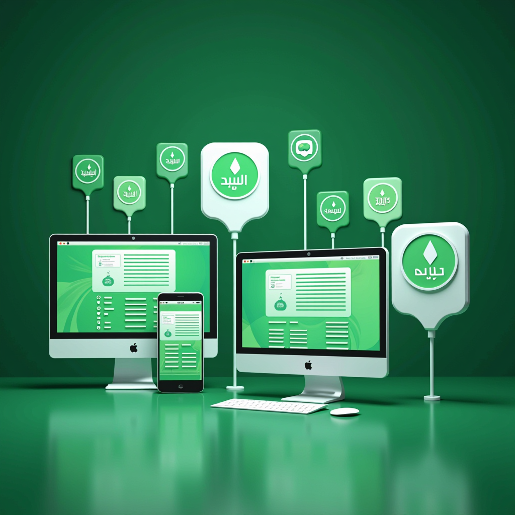 صورة توضيحية تظهر واجهات المنصات الرقمية الحكومية السعودية مع أيقونات التواصل الإلكتروني، تتضمن شاشات حواسيب وهواتف ذكية تعرض بوابات الخدمات الحكومية، بتصميم احترافي باللونين الأخضر والأبيض يعكس الهوية الرسمية للمملكة