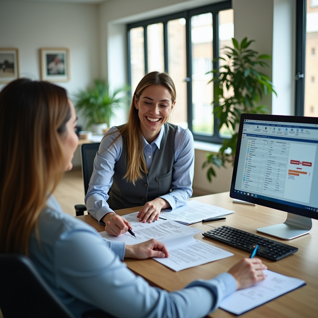 مكتب استشارات مالية حديث مع موظف محترف يساعد عميل في مراجعة وثائق التأمين والخدمات المالية، مع شاشة كمبيوتر تعرض نماذج إلكترونية، في بيئة مكتبية مهنية ومريحة بإضاءة طبيعية
