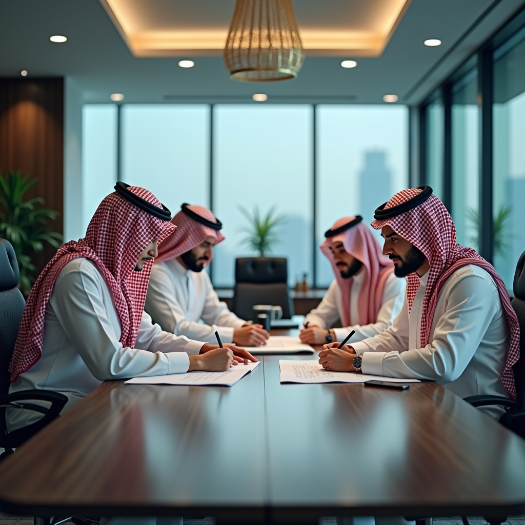 مكتب عمل حديث يظهر فيه موظفون سعوديون يراجعون مستندات تجارية رسمية على طاولة اجتماعات مع شعار المملكة في الخلفية وأجهزة كمبيوتر حديثة