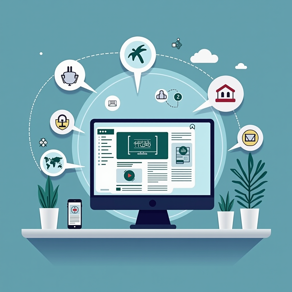 صورة توضيحية تمثل التواصل الإلكتروني مع الجهات الحكومية السعودية، تظهر أيقونات المنصات الرقمية والخدمات الإلكترونية مع رموز الاتصال الحديثة