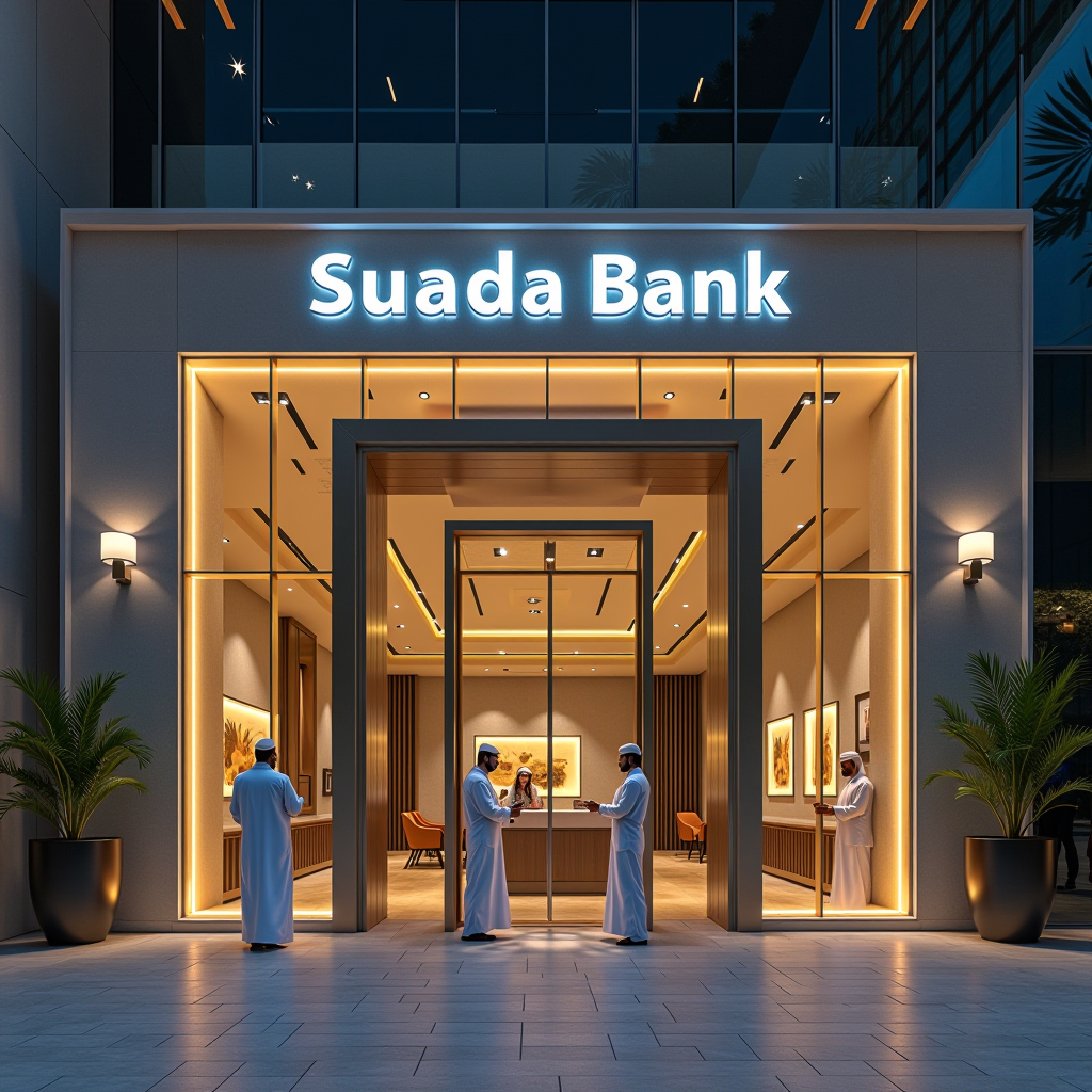 مبنى بنك حديث في السعودية مع شعارات مصرفية، موظفون محترفون يساعدون العملاء، تصميم داخلي فاخر مع لمسات عربية، إضاءة دافئة احترافية
