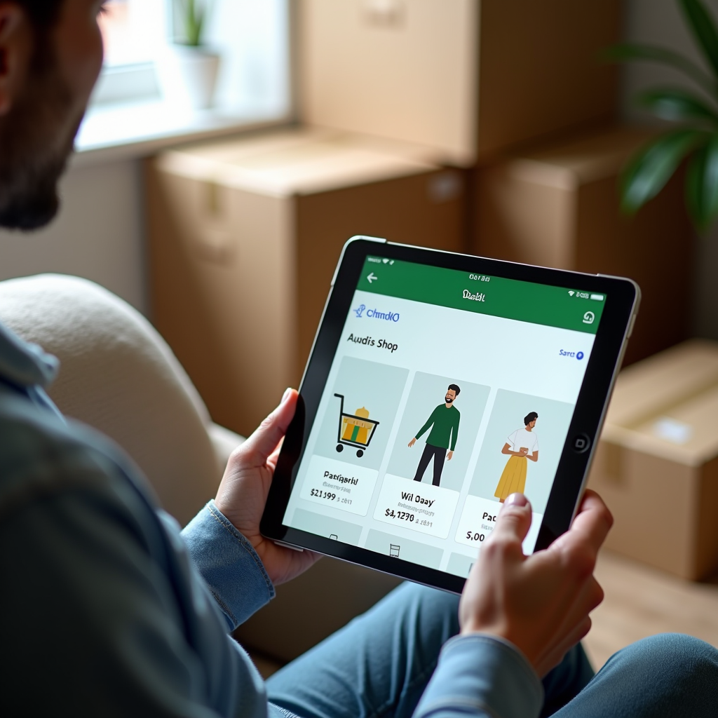 شخص يستخدم جهاز لوحي للتسوق الإلكتروني، شاشة تعرض منصة تسوق سعودية، صناديق شحن في الخلفية، بيئة منزلية عصرية مريحة، إضاءة طبيعية