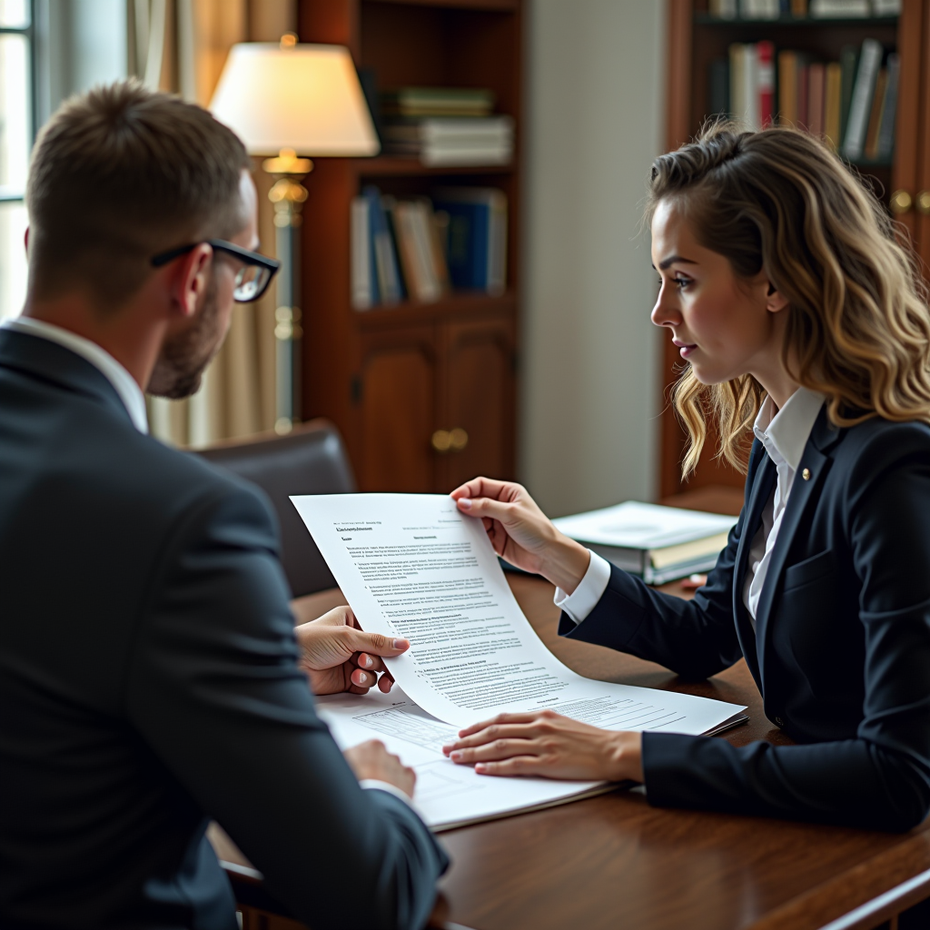 مكتب شركة تأمين احترافي، موظف يشرح وثيقة تأمين لعميل، مستندات وملفات منظمة، بيئة عمل رسمية أنيقة، إضاءة مكتبية احترافية